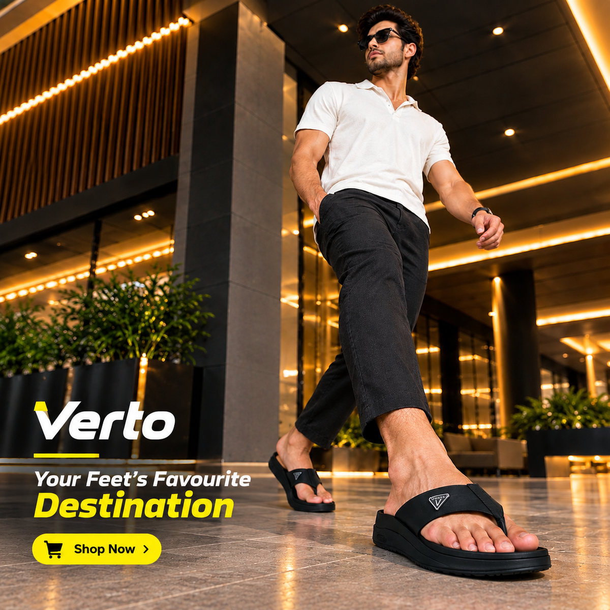 A man walking through a modern, warmly lit lobby wearing black Verto slide sandals, a white polo shirt, and dark trousers. The Verto brand logo and 'Your Feet's Favourite Destination' promotional text are displayed in the lower-left corner.