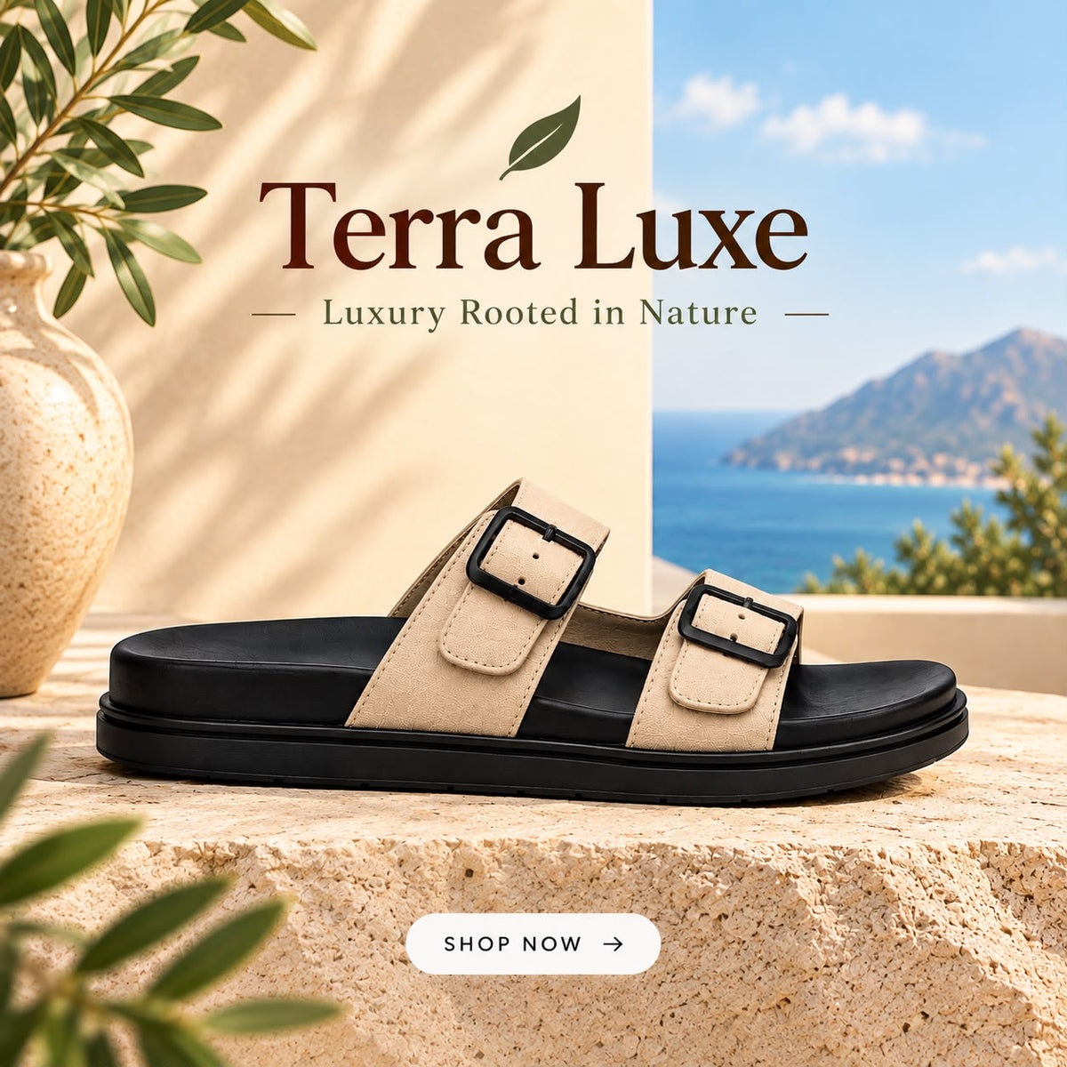 A pair of Terra Luxe double-strap slide sandals in beige and black, displayed on a stone ledge with a scenic coastal background and a 'SHOP NOW' button overlay.